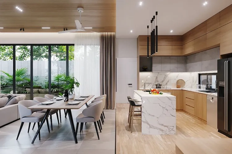 Ảnh bếp nhà ống với ánh sáng tự nhiên tạo không gian ấm áp