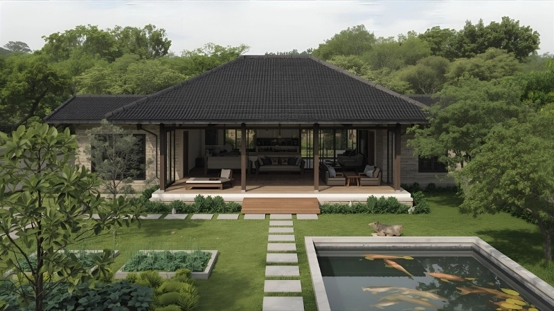 Cảnh quan sân vườn đẹp mắt bao quanh mẫu thiết kế biệt thự vườn 1 tầng