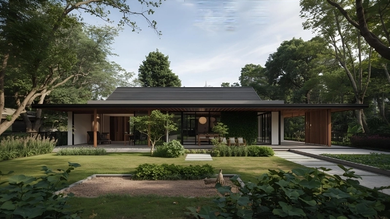 Biệt thự vườn cấp 4 mái thái lợp ngói xanh hài hòa với thiên nhiên