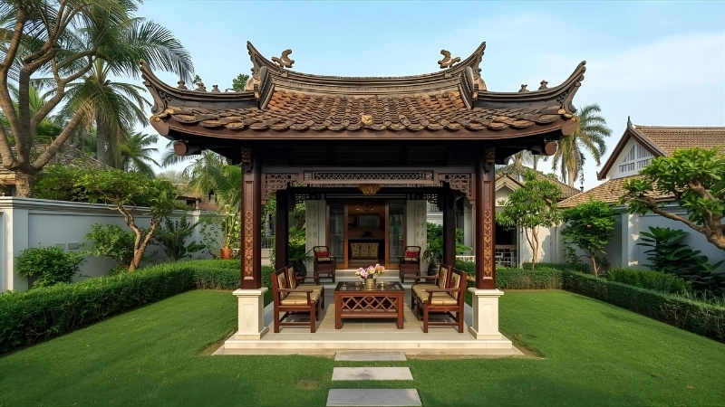 Không gian chòi nghỉ hiện đại mái kính cường lực lấy sáng