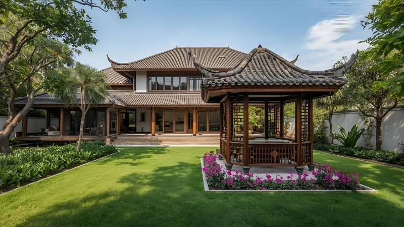 Mẫu chòi nghỉ sân vườn hiện đại bên hồ cá koi sang trọng