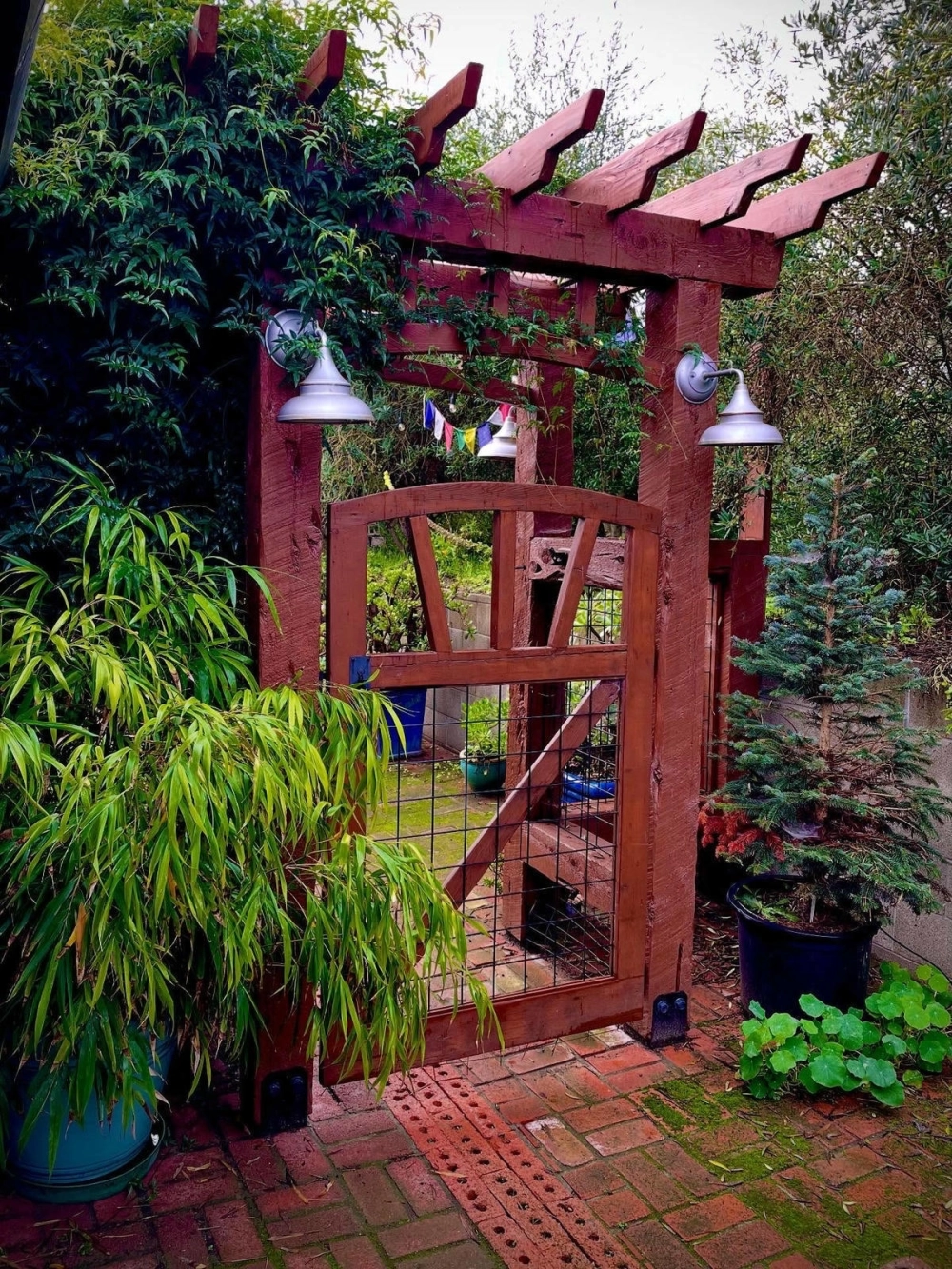 Mẫu cổng nhà vườn hiện đại kết hợp hàng rào xanh mát