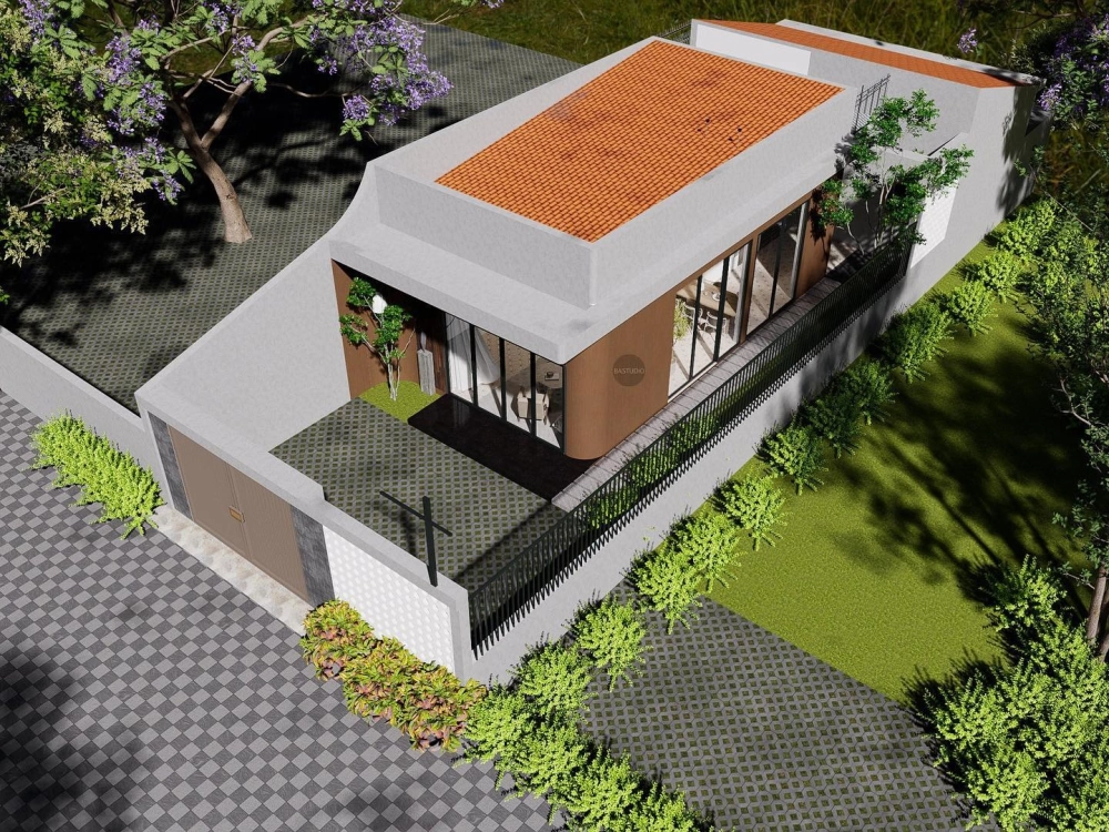 Lối đi lát đá trong mẫu nhà vườn cấp 4 đơn giản