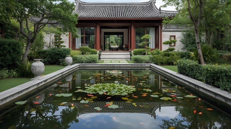 Không gian thư giãn bên hồ cá sân vườn hiện đại