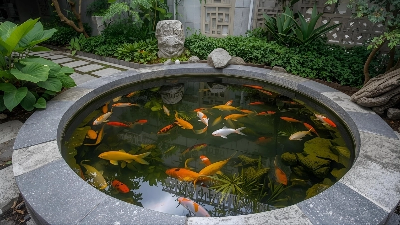 Mẫu hồ cá sân vườn nhỏ đẹp ngay lối đi vào nhà