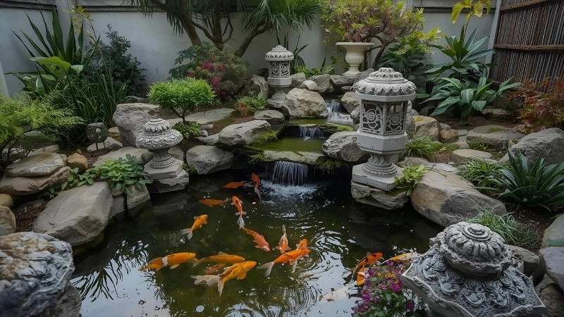 Mẫu hồ cá xi măng ngoài trời kết hợp cây xanh tự nhiên