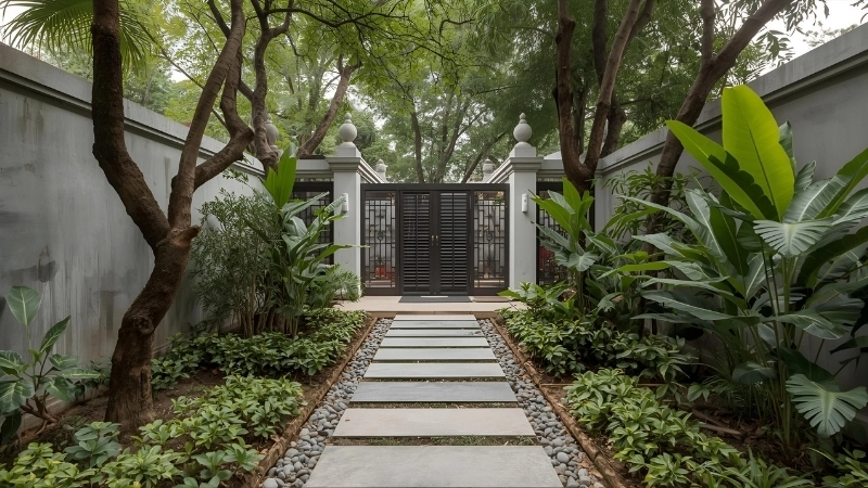 Tiểu cảnh lối đi sân vườn với hoa bụi rực rỡ hai bên