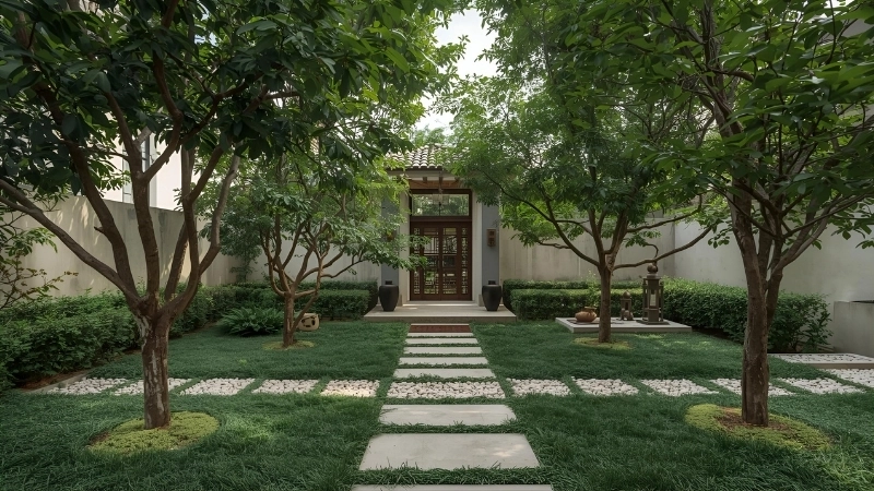 Lối đi rải sỏi đen kết hợp đá tảng lớn tự nhiên