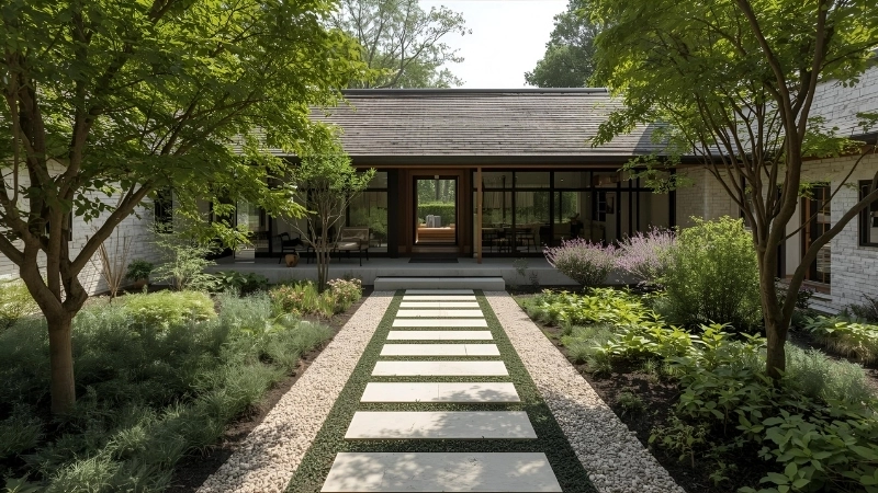 Lối đi sân vườn bê tông mài nhẵn hiện đại và bền bỉ