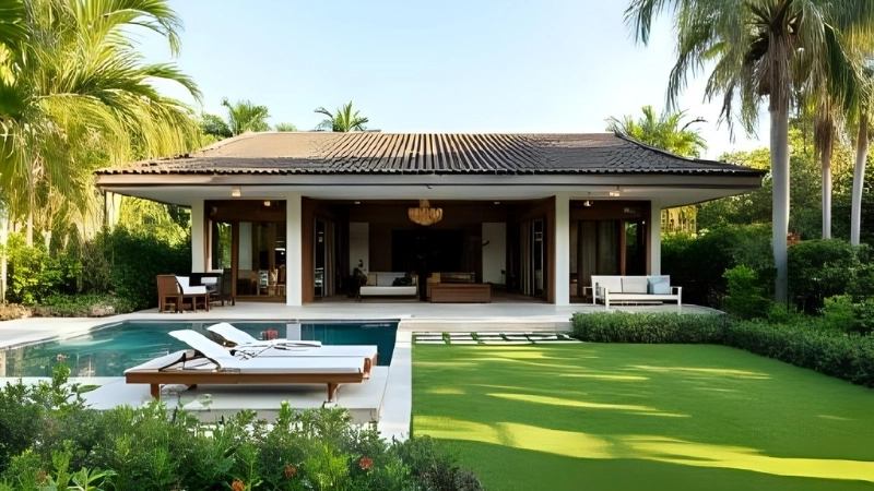 Góc nhìn trên cao thiết kế biệt thự vườn có hồ bơi xanh mát