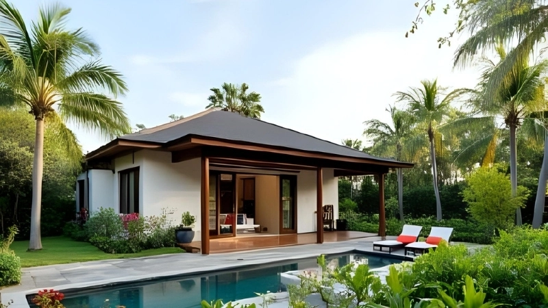 Mặt tiền mẫu biệt thự nhà vườn có bể bơi phong cách hiện đại