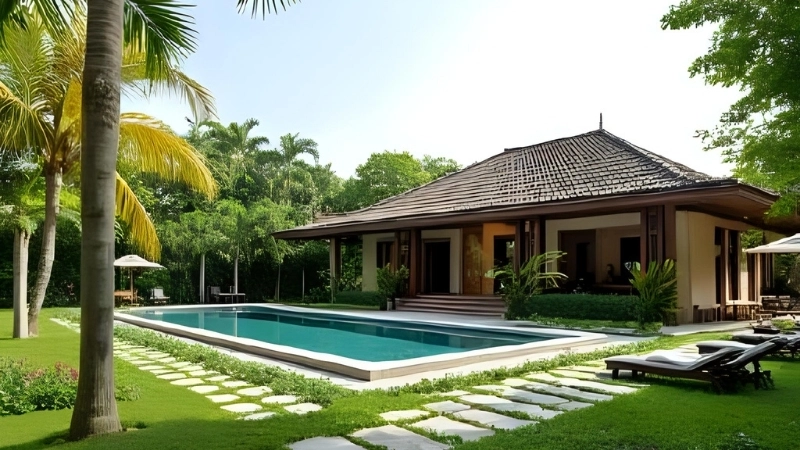 Khu vực ghế tắm nắng tại biệt thự vườn có hồ bơi đẹp nhất