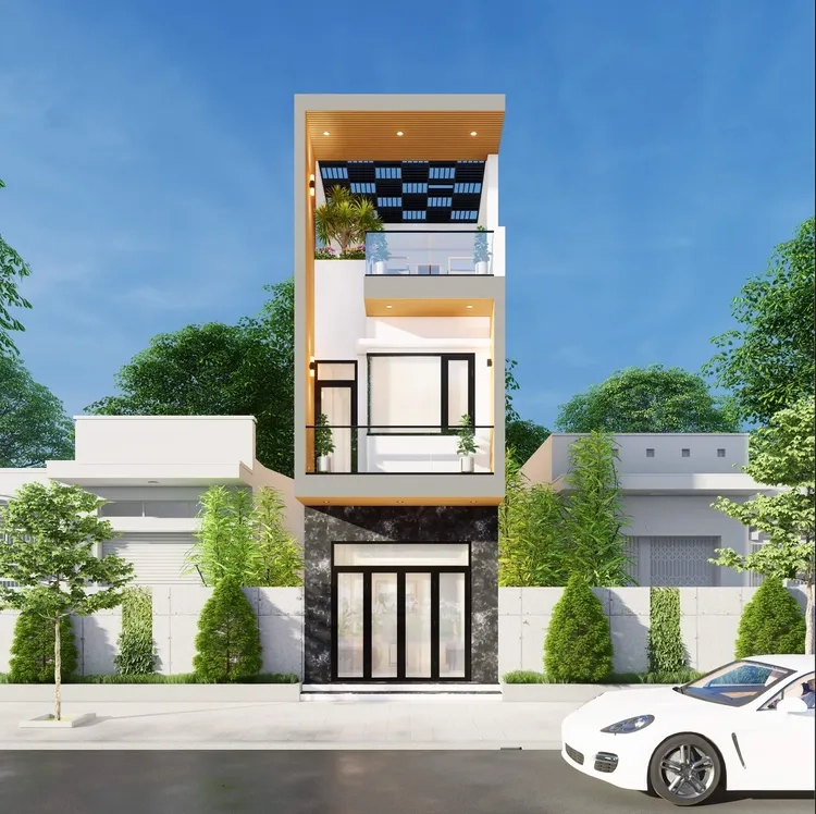 Hình ảnh mặt tiền nhà ống có tum tinh tế, nổi bật