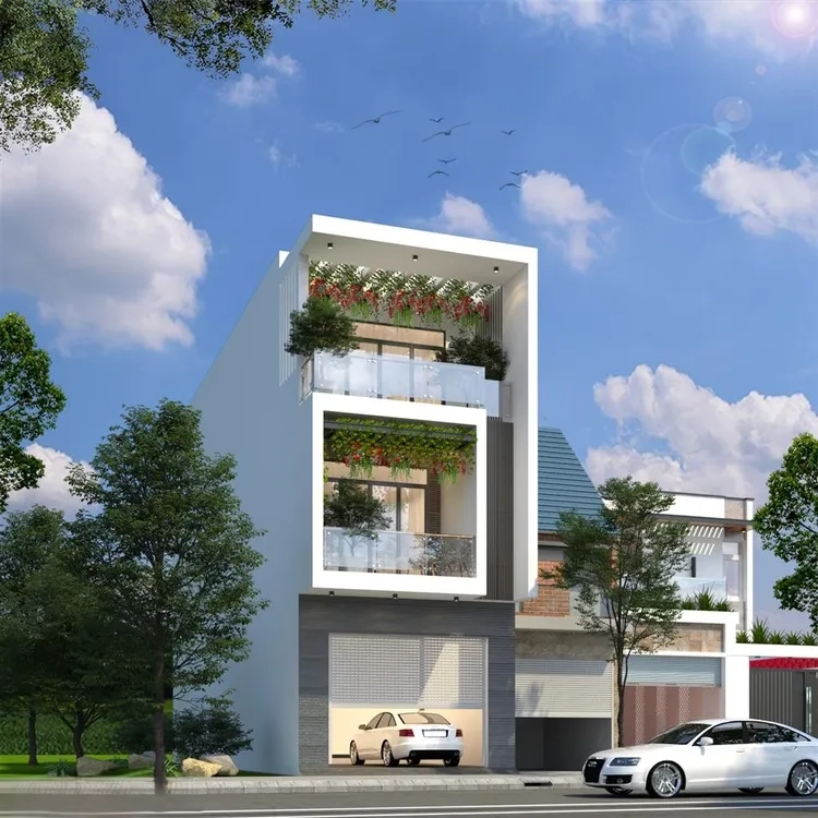 Ảnh phối cảnh gara ô tô liền nhà hiện đại và tiện ích cao