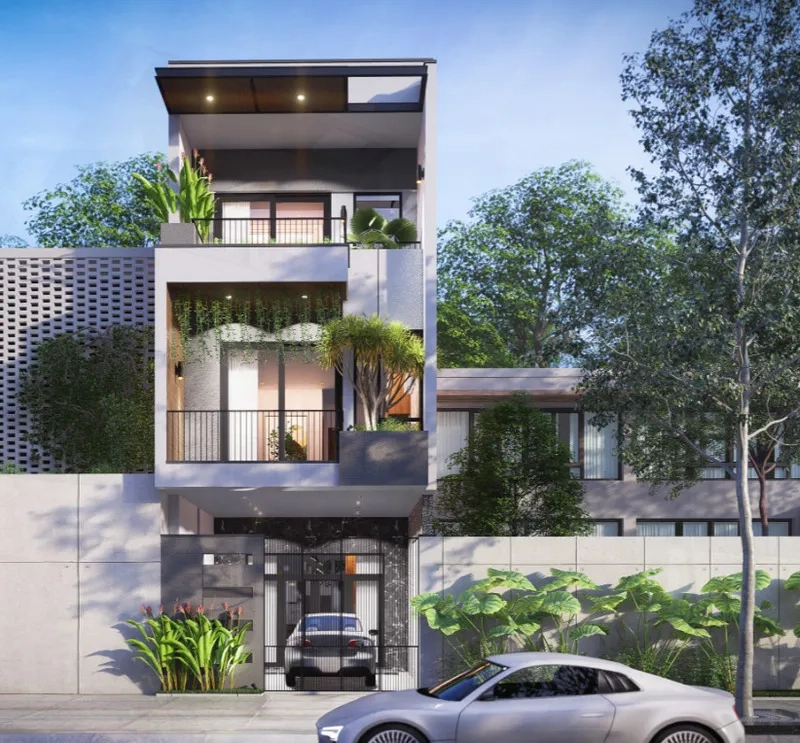 Mẫu nhà phố có gara và sân vườn