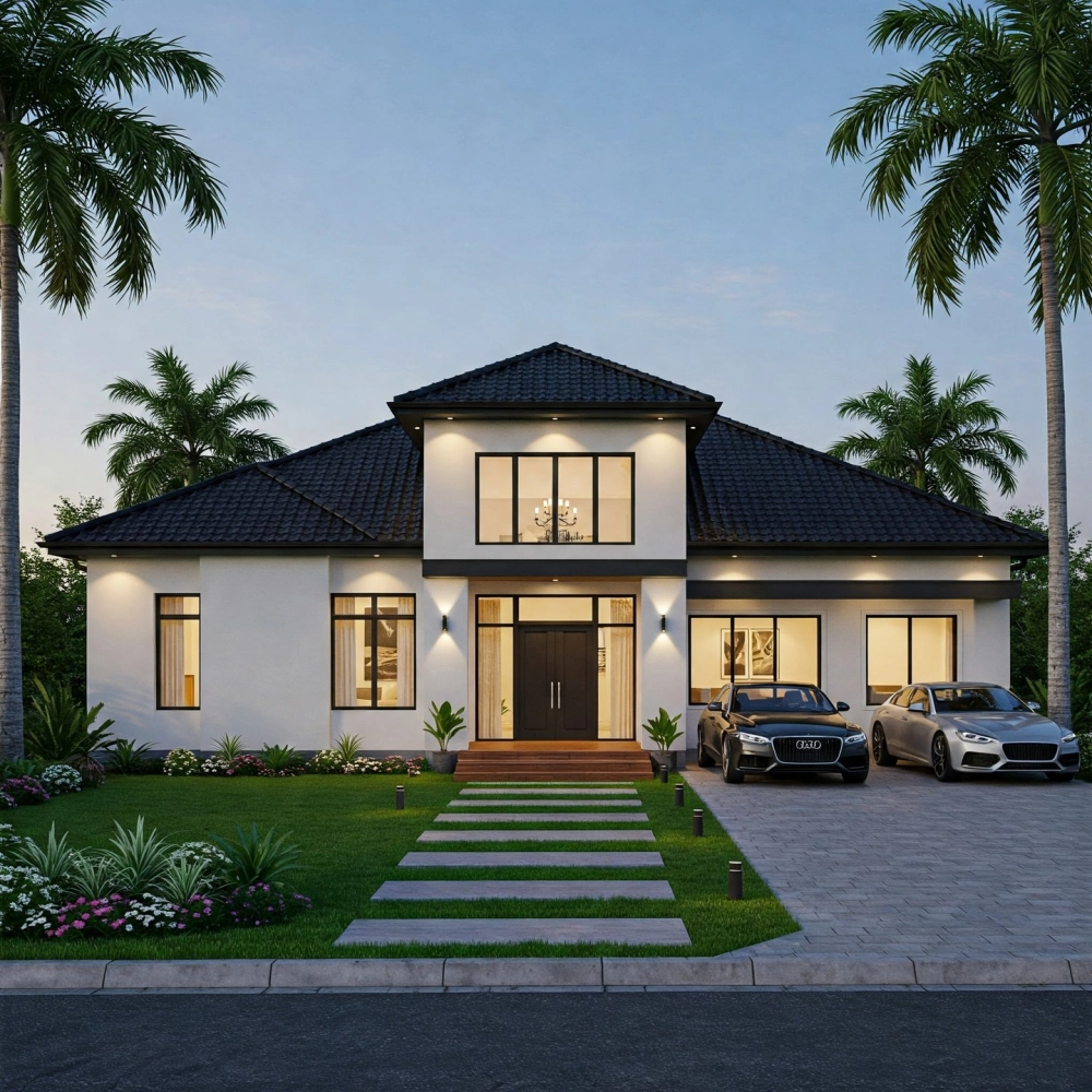 Mẫu nhà vườn đẹp đơn giản với hệ cửa kính lớn đón nắng