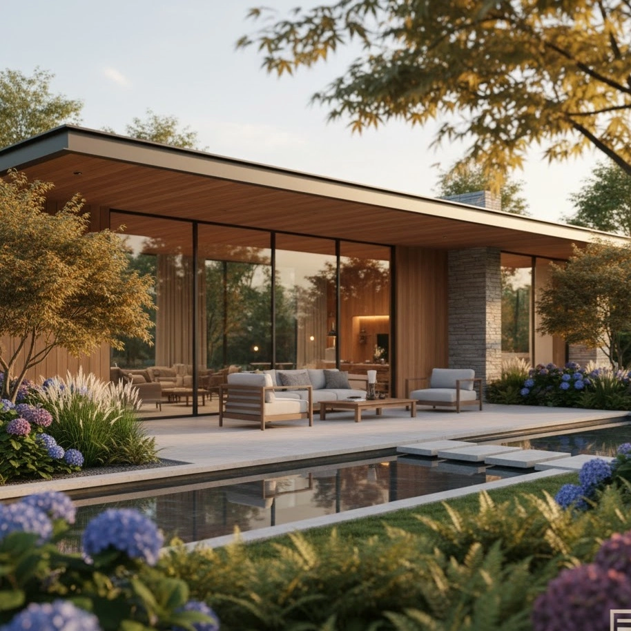 Góc nhìn nghiêng của mẫu biệt thự nhà vườn hiện đại giữa thảm cỏ xanh