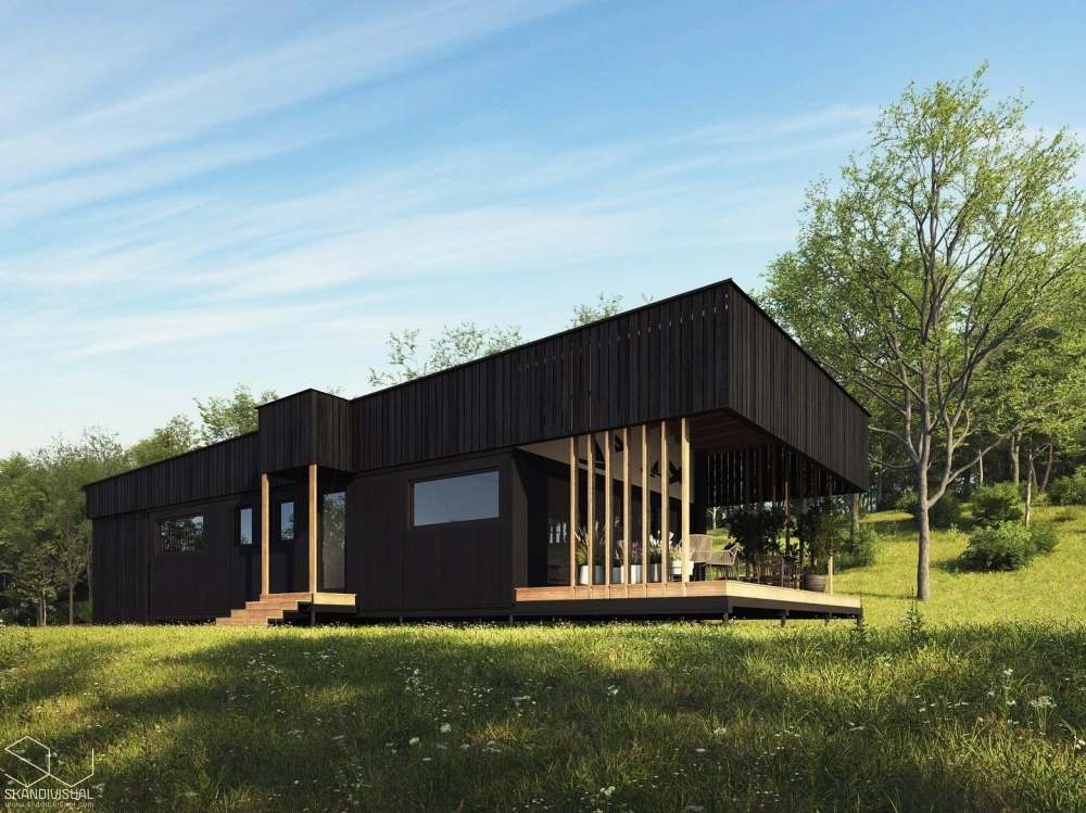 Bản vẽ phối cảnh nhà vườn mái bằng 1 tầng phong cách tối giản