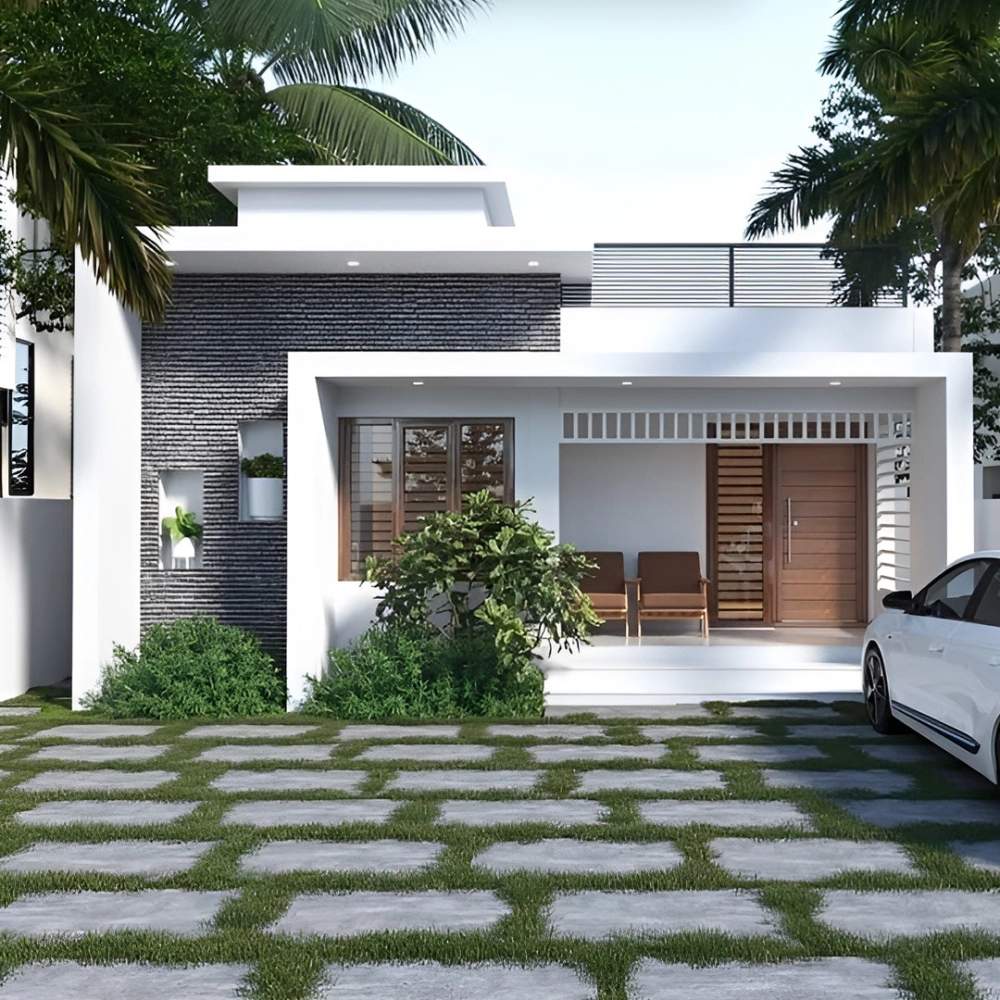 Góc nhìn nghiêng của nhà cấp 4 mái bằng đẹp với hồ bơi phía trước