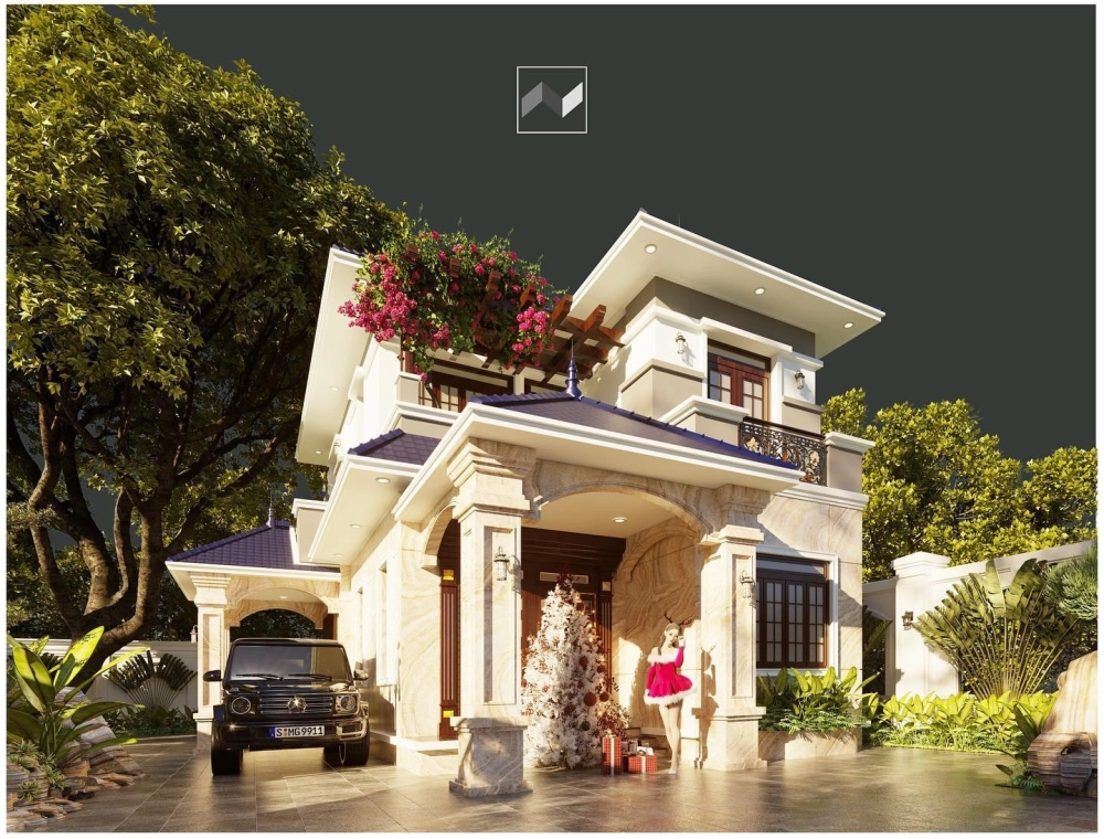 Không gian ngoại thất nhà vườn mái thái với tiểu cảnh hòn non bộ