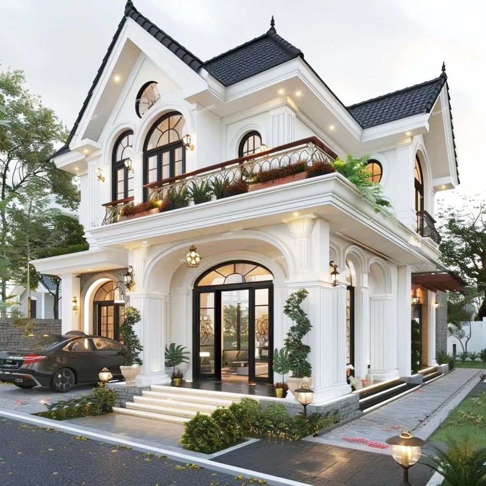 Mẫu nhà vườn mái thái 2 tầng chữ L tiết kiệm diện tích đất