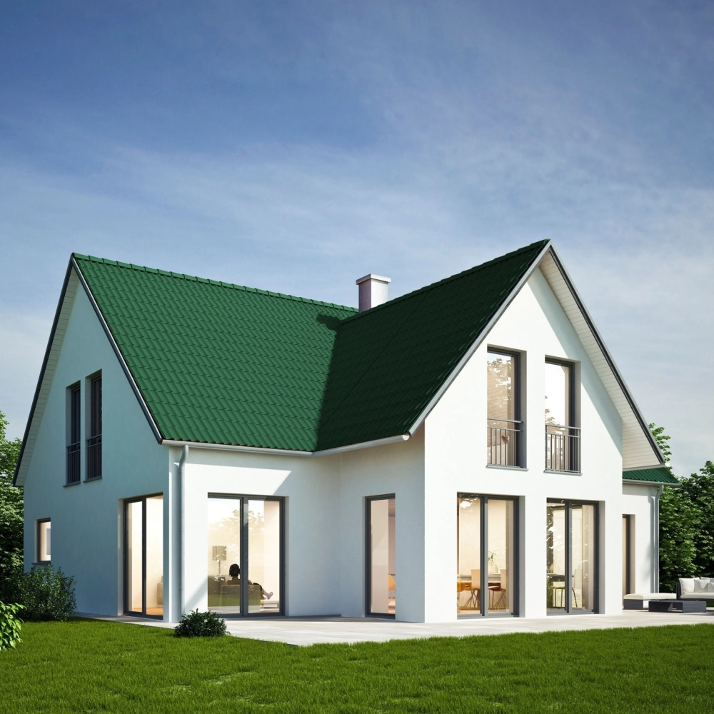 Thiết kế nhà vườn mái thái 1 tầng mái xanh đen hiện đại