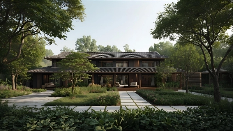 Không gian phòng khách mở ra sân vườn ngoại ô