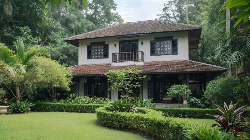 Mái hiên rộng che nắng mưa cho ngôi nhà vườn nhiều cây xanh