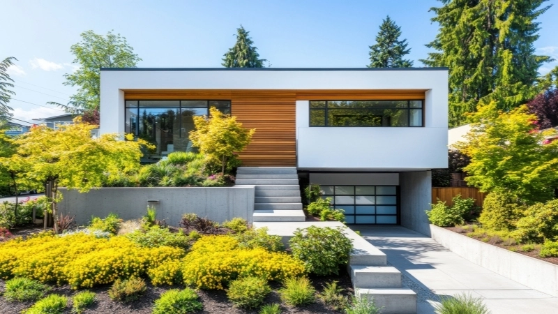 Mẫu giàn hoa gỗ nhựa che nắng cho khoảng sân vườn trước nhà