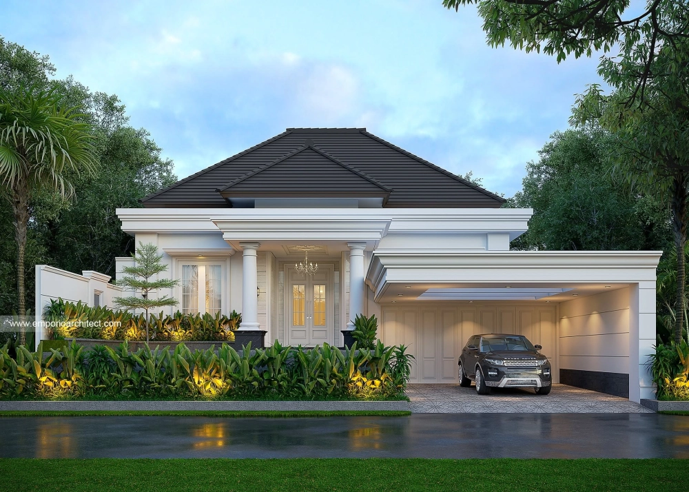 Mặt tiền mẫu thiết kế nhà vườn 1 tầng 4 phòng ngủ sang trọng