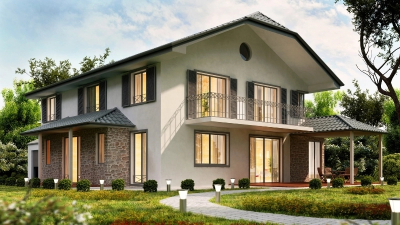 Cảnh quan nhà ven sông với thảm cỏ xanh và bến du thuyền nhỏ