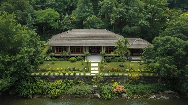 Sân vườn nhà ven sông trồng nhiều cây xanh tạo bóng mát quanh năm