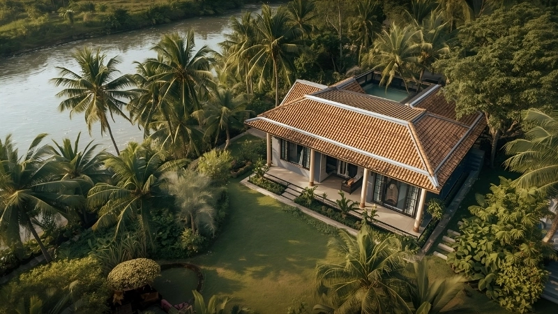 Tiểu cảnh hòn non bộ kết hợp dòng chảy tự nhiên ven sông sinh động