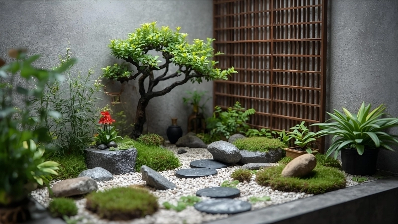 Tiểu cảnh khô dưới gầm cầu thang kết hợp tượng thiền tịnh tâm